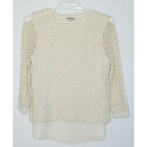 Lucky Brand Sweater Large L/S Ivory Linen Blend Crochet Layer Round Neck Tunic